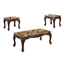 3 PIECE TABLE SET With Marble Table Top, Dark Oak Brown