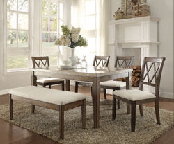 Rectangular Wooden Dining Table with Marble Top, Brown and Beige