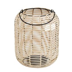 Woven Wicker Lantern with Round Metal Frame and Handle, Beige and Black