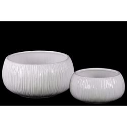 Round Flower Pot with Ribbed Side Set of Two - White - Benzara