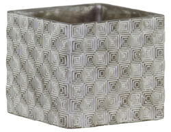 Square Cement Pot with Embossed Geometrical Rectangular Design, Large, Gray