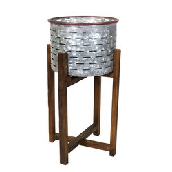 Galvanized Metal Planter with Collapsible Wooden Base, Silver and Brown