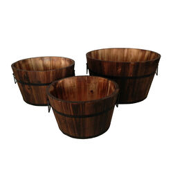 Round Wooden Planters with Narrow Bottom and Handles, Set of 3, Brown