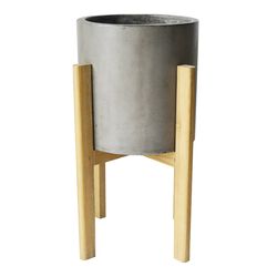 Modern Concrete Round Planter with Cross H Wood Base, Brown and Gray