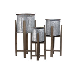 3 Piece Round Vented Design Metal Planters with Copper Rim, Gray and Brown