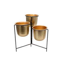 3 Conjoined Hammered Metal Planter with Stands, Gold and Black