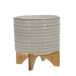 11 Inch Ceramic Textured Planter with Wooden Base, White and Brown