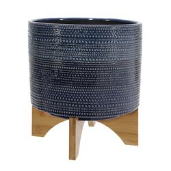 11 Inch Ceramic Dotted Planter with Wooden Base, Blue and Brown
