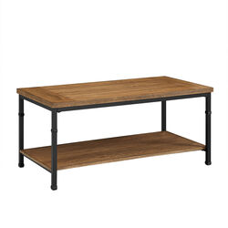 Wooden Coffee Table with Bottom Shelf and Metal Legs, Brown and Black