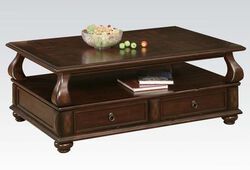 2 Drawer Wooden Coffee Table with Bun Feet and Ring Pulls, Brown