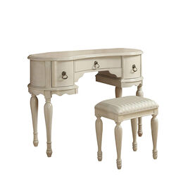 Wooden Vanity Set with 3 Drawer Table and Fabric Upholstered Stool, Cream