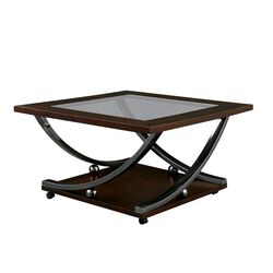 Wooden Coffee Table with Glass Top and Curled Metal Feet, Brown and Silver