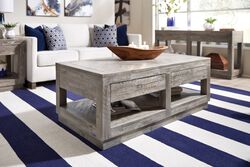 Two Drawer and Bottom Shelf Coffee Table with Flattened Base, Rustic Latte Gray