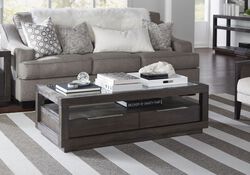 Wooden Coffee Table with Glass Inlay Table Top and Two Drawers, Basalt Gray