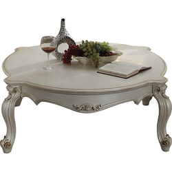 Vintage Style Wooden Coffee Table with Scrolled Apron and Cabriole Legs, Pearl White