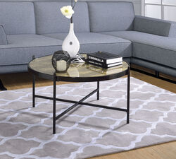 Metal Framed Round Coffee Table with X-Shaped Support Crossbar, Brown and Black