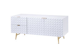 Wooden TV Console with Tapered Metal legs and Spacious Storage, White and Gold