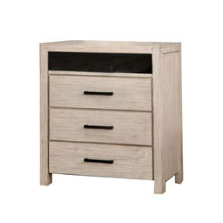 3 Drawer Rustic Style Media Chest with Open Compartment, White