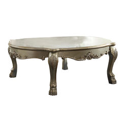 Handcrafted Wooden Coffee Table with Engravings,Antique White and Gold