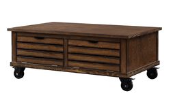 Wooden Coffee Table with Drop Down Storage and Caster Wheels, Brown