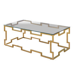 Metal Coffee Table with Geometric Structure Base, Gold and Clear