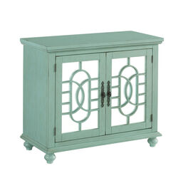 Wood and Glass TV Stand with Trellis Cabinet Front, Mint Green