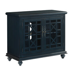 Transitional Wood and Glass TV Stand with Trellis Cabinet Front, Dark Blue