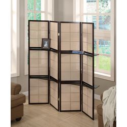 Stylish Four Panel Folding Screen With Shelves, Brown