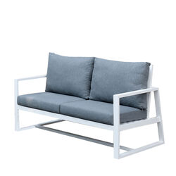 Outdoor Fabric Upholstered Metal Frame Loveseat, White and Gray