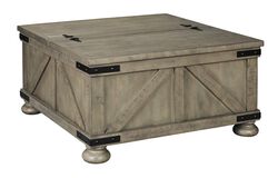 Farmhouse Cocktail Table with Lift Top Storage and Crossbuck details, Gray