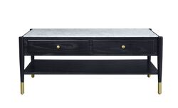 Marble Top Coffee Table with 2 Drawers and 1 Bottom Shelf, Black and White