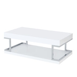 High Gloss Contemporary Coffee Table with Bottom Shelf, White and Silver