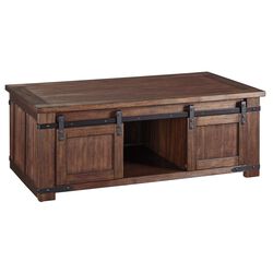 Rectangular Wooden Cocktail Table with 2 Barn Sliding Door Cabinets, Brown