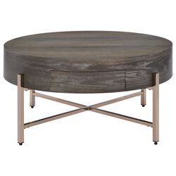 1 Drawer Round Modern Coffee Table with Crossed Metal Legs, Brown and Gold