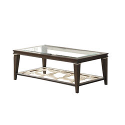 Rectangular Glass Top Coffee Table with Lattice design Bottom Shelf, Brown