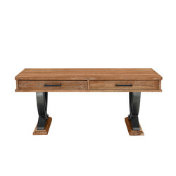 2 Drawer Wooden Cocktail Table with Metal Wishbone Legs, Brown and Gray
