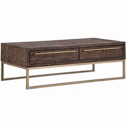 Wooden Coffee Table with 2 Storage Drawers and Metal Base, Brown and Gold
