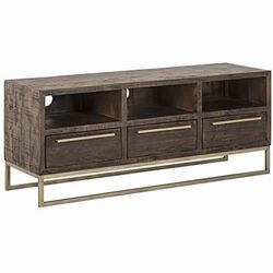 3 Drawer TV Console with Sled Base and 3 Open Compartments, Brown and Gold
