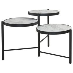 Round 3 Tier Metal Cocktail Table with Marble Top, White and Black