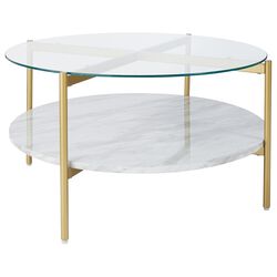 Glass Top Cocktail Table with Faux Marble Bottom Shelf, Clear and Gold