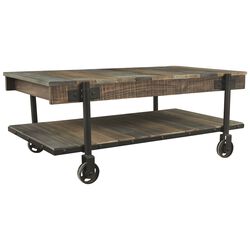 Plank Style Wooden Cocktail Table with Bottom Shelf and Caster Wheels,Brown