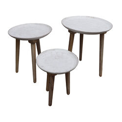 Mango Wood Bowl Top Side End Coffee Table with Angled Tripod Base, Set of 3, White and Brown