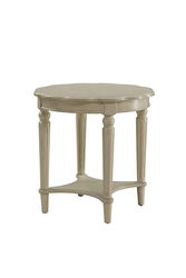 Wooden End Table with Scalloped Round Top and Turned Legs Support, Cream