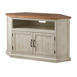 Rustic Wooden Corner TV Stand with 2 Door Cabinet, Antique White and Brown