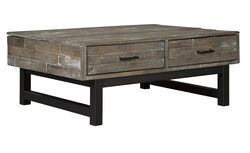 2 Drawer Wooden Lift Top Cocktail Table with Block Legs, Brown and Black