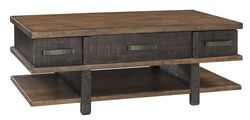 Wooden Lift Top Cocktail Table with 2 Drawers and 3 Open Shelves, Brown