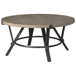 Round Wooden Top Cocktail Table with Open Geometric Base, Gray and Black