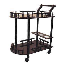 Casters Supported 2 Tier Wooden Wine Table with Turned legs, Cherry Brown