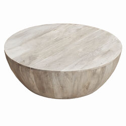 Distressed Mango Wood Coffee Table in Round Shape, Washed Light Brown