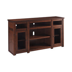 Wooden Frame TV Stand with 5 Open Compartments and 2 Doors, Cherry Brown